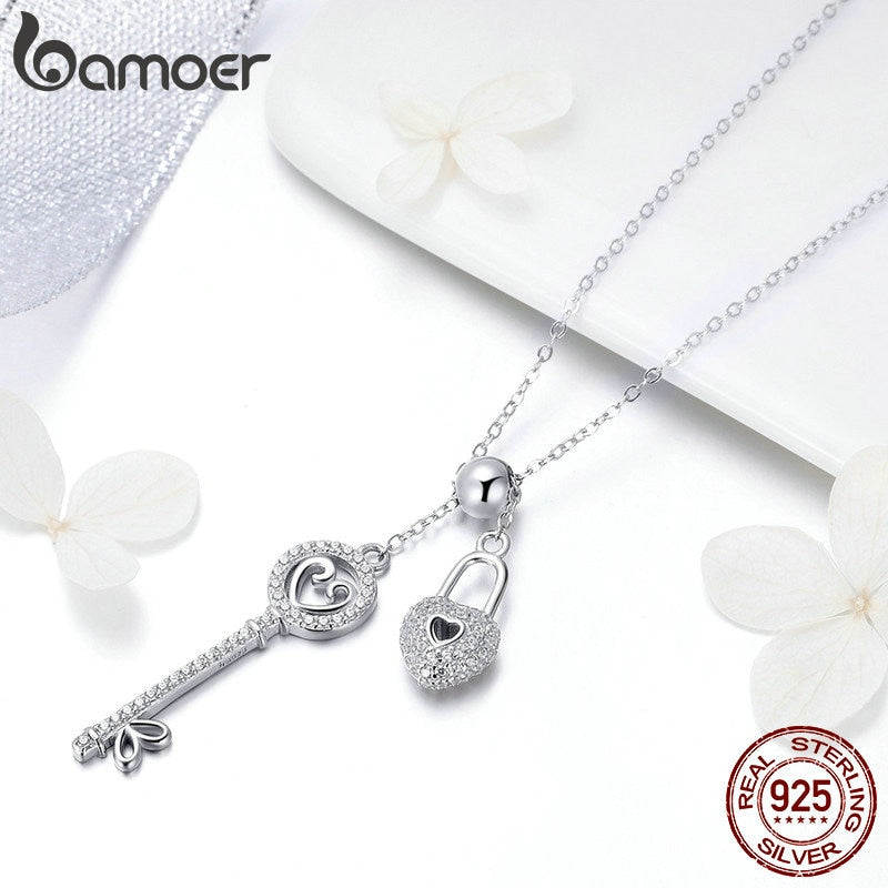 BAMOER Romantic 925 Sterling Silver Key of Heart Lock Chain Pendant Necklaces for Women Sterling Silver Jewelry Collar SCN290