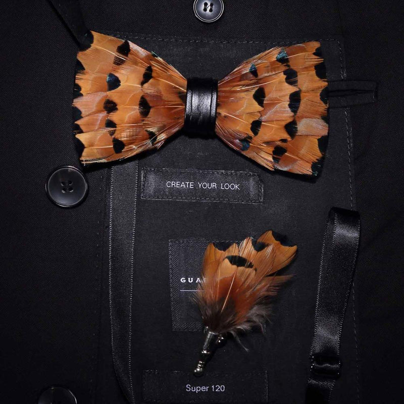 JEMYGINS Original Design Natural Brid Feather Exquisite Hand Made Bow Tie Brooch Pin Gift Box Set For Men Wedding Party Bowtie