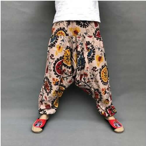 Baggy Harem Pants Women Causal Print Hippie Joggers Cross-Pants Loose Trousers Aladdin Lantern Wide Leg Cotton Linen Pants Plus