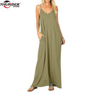 Women Long dress Female Summer V Neck Spaghetti Strap Plain Flowy Pockets Loose Beach Cami Maxi Dress Casual Sundress Robe Femme