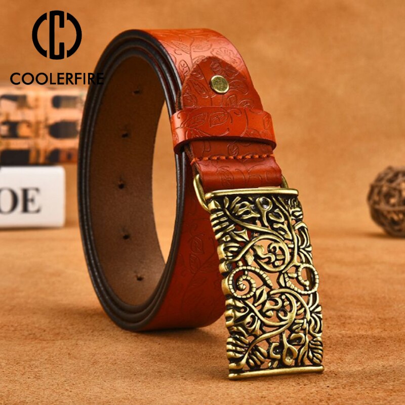 COOLERFIRE Genuine Cowskin Leather Belts For Women Carved Design Retro Metal Women Strap Female High Quality Belts LB015