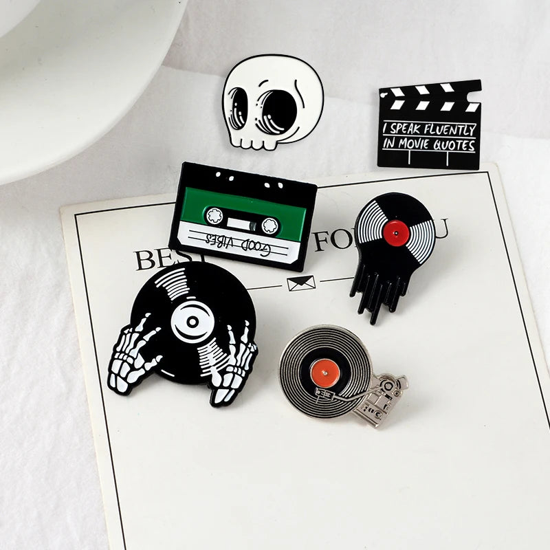 Punk Music Lovers Pin Skeleton DJing Vinyl Record Player Enamel Pin Badge Tape Lapel Pins Brooches Shirt Bag Cool Gothic Jewelry