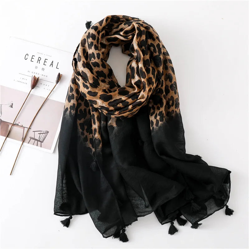 2022 Autumn Winter Leopard Dot Tassel Viscose Shawl Scarf Women Print Neckerchief Snood Luxury Brand Foulards Muslim Hijab Sjaal