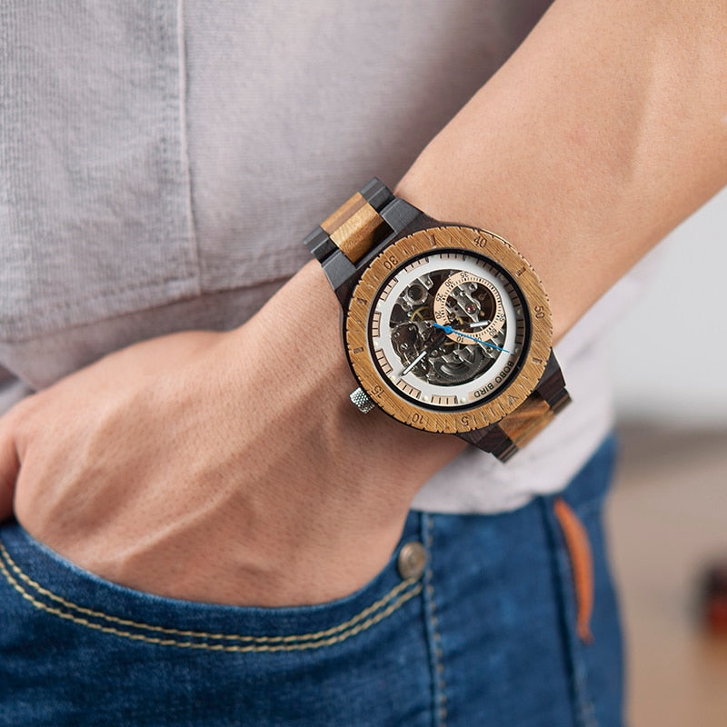 BOBO BIRD Wooden Mechanical Watch Men Luxury Retro Design Case With Gold Label Beside Automatic and Multi-Functional Wristwatch