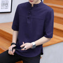 Summer wear new cotton and linen short sleeve T-shirt men's fashion China wind plate button collar half sleeve shirt size T-shir
