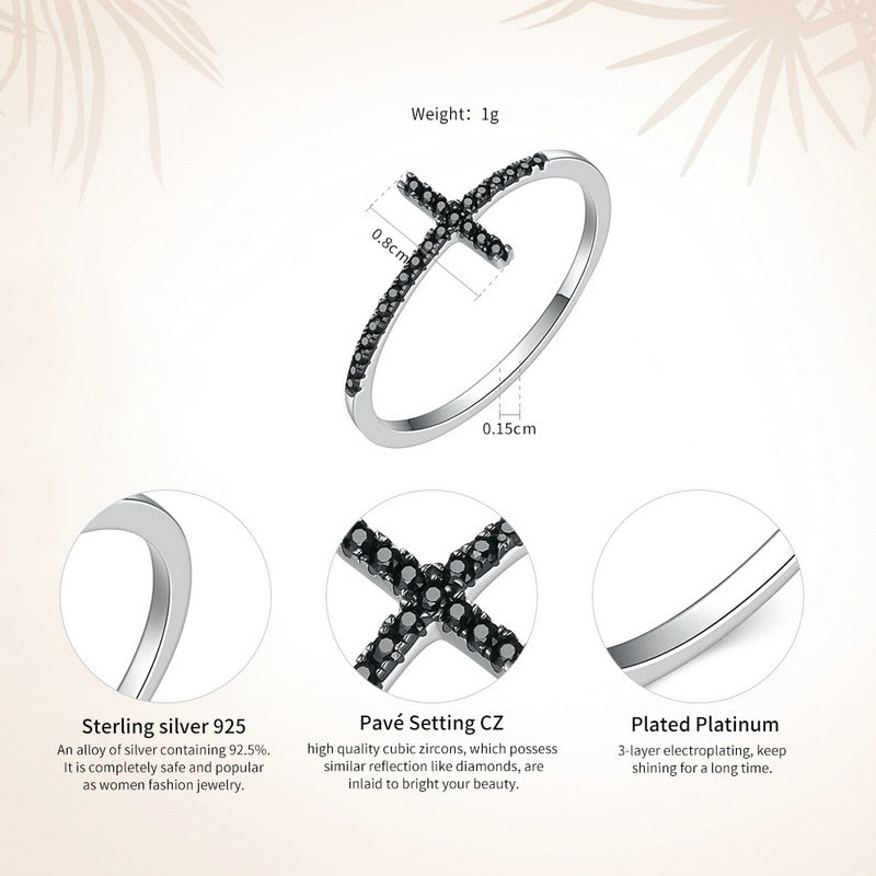BAMOER Popular 925 Sterling Silver Faith Cross Shape Finger Rings for Women ,Black Clear CZ Sterling Silver Jewelry Gift SCR067
