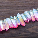 Titanium Natural Top Drilled Raw Crystal Quartz Points Beads Charm 15.5" Strand Rainbow Crystal Stick Pendant DIY Jewelry Making