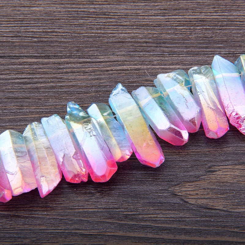 Titanium Natural Top Drilled Raw Crystal Quartz Points Beads Charm 15.5&quot; Strand Rainbow Crystal Stick Pendant DIY Jewelry Making