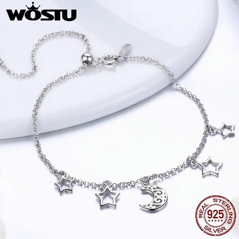 WOSTU Hot Sale Real 925 Sterling Silver Stars & Moon Chain Adjustable Bracelet For Women Girl S925 Silver Jewelry Gift CQB107