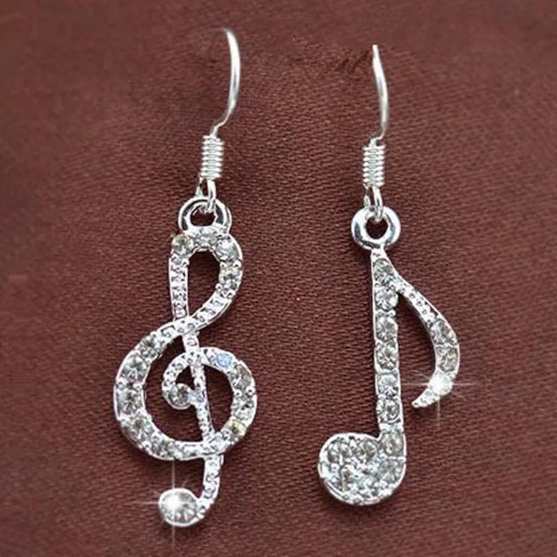 Hot Personality Geometric Music Dream Symbol Asymmetric Earrings Music Notes Ear Hook Crystal Silver Color Earrings For Women