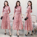 New chiffon stitching lace Dress lady elegant temperament long dress shirt collar long sleeve women print dresses