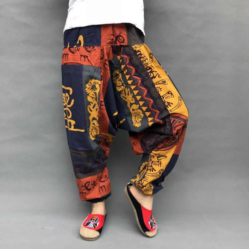 Baggy Harem Pants Women Causal Print Hippie Joggers Cross-Pants Loose Trousers Aladdin Lantern Wide Leg Cotton Linen Pants Plus