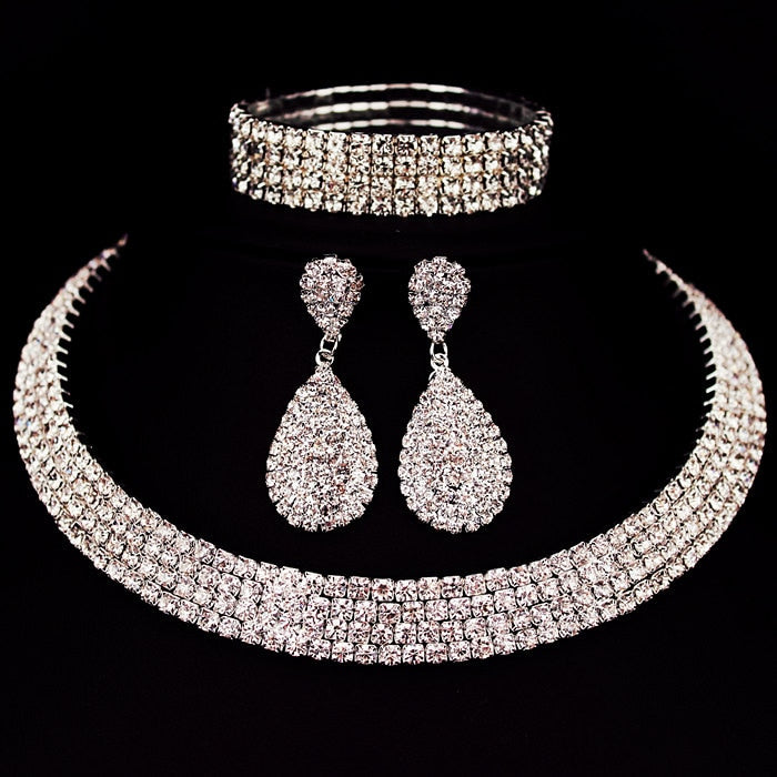 Hot Selling Bride Classic Rhinestone Crystal Choker Necklace Earrings and Bracelet Wedding Jewelry Sets Wedding Accessories X164