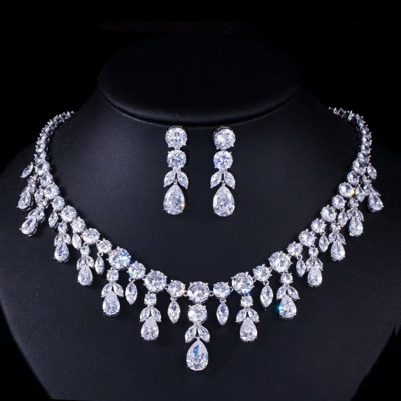 CWWZircons Luxury Dark Blue Women Wedding Party Dress Jewellery Big Dangle Drop Bridal CZ Necklace Earrings Jewelry Sets T341