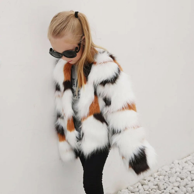 Winter Girls Fur Coat Elegant Baby Girl Faux Fur Jackets Mixing Color Toddler Baby  Girls Coats Thick Warm Outwear TZ117