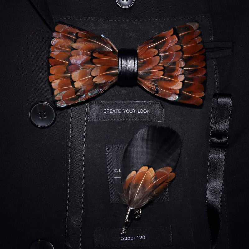 JEMYGINS Original Design Natural Brid Feather Exquisite Hand Made Bow Tie Brooch Pin Gift Box Set For Men Wedding Party Bowtie