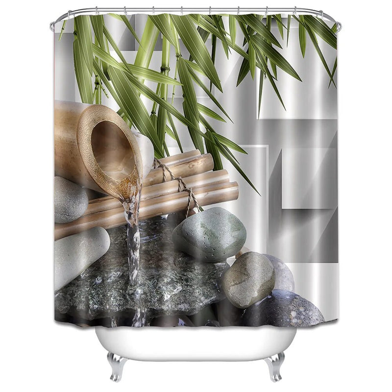 72''Asian Zen Spring Water Black Stones Shower Curtain Green Bamboo Polyester Fabric Bathroom Curtains for Bathtub Home Decor