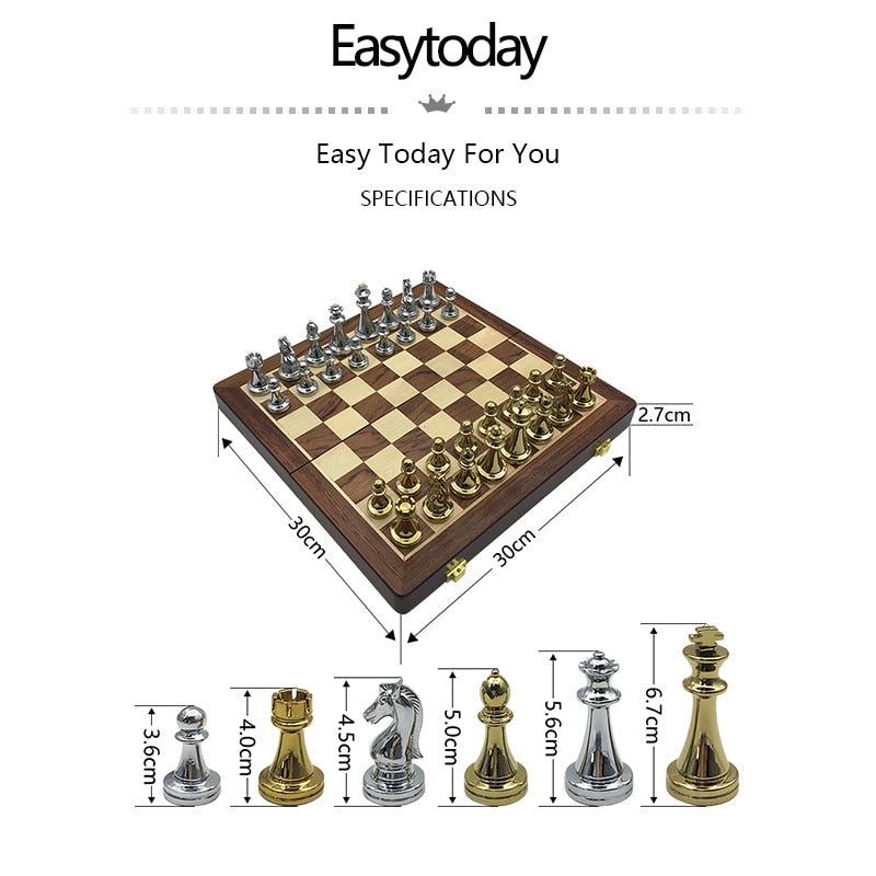 Easytoday Metal Glossy Golden And Silver Chess Pieces Solid Wooden Folding Chess Board High Grade Professional Chess Games Set