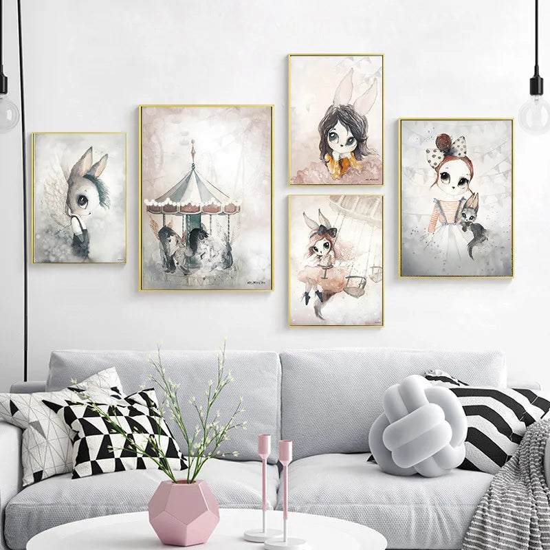 Home Decor Nordic Canvas Painting Wall Art Rabbit Girl Animal Abstract Watercolor Print Kid Bedroom Living Room Poster Picture