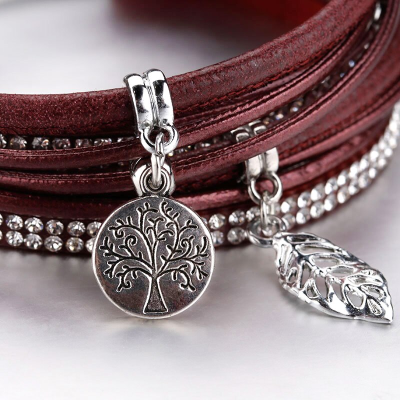 Amorcome Vinatge Tree of Life Charm Leather Bracelets for Women Boho Rhinestones Double Wrap Bracelets &amp; Bangles Female Jewelry