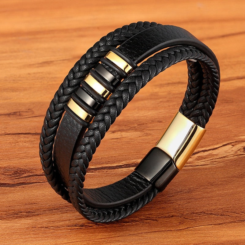 TYO High Quality Stainless Steel Charm Stackable Layered Bracelet Leather Genuine Braided Black Bracelet for Men&