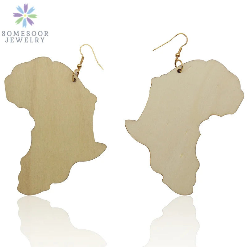SOMESOOR Engraved African Map Retro Unfinished Wood Drop Earrings Black Queen Afrocentric Ethnic Pendant Jewelry Lady Gift 1pair