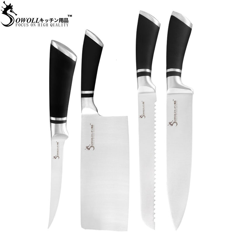 Sowoll 9pcs Stainless Steel Knives Set Non-slip Handle Chef Chopping Boning Cleaver Kitchen Knives Cooking Household Tools