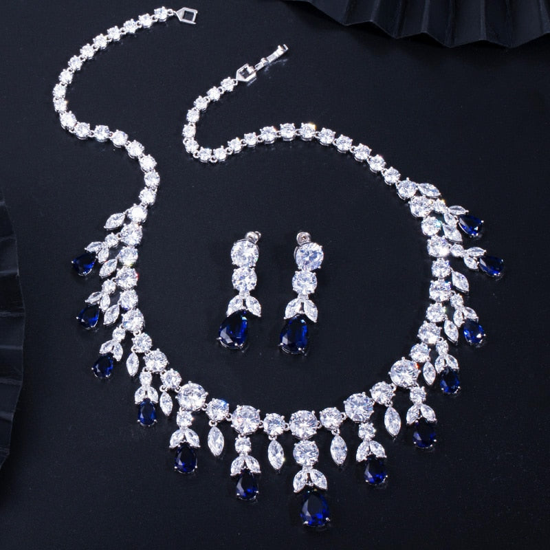 CWWZircons Luxury Dark Blue Women Wedding Party Dress Jewellery Big Dangle Drop Bridal CZ Necklace Earrings Jewelry Sets T341