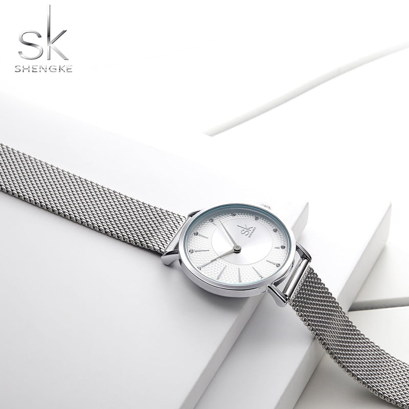 Shengke Women Silver Quartz Watch for Female Top Luxury Brand Quartz Watch Women's Mesh Band Fashion Reloj Mujer 2022 New Clock