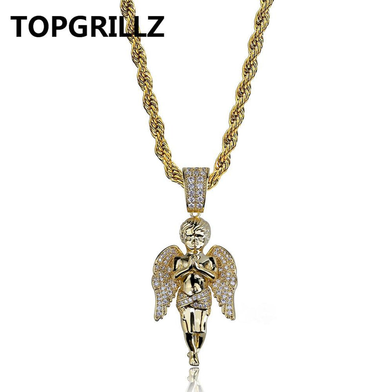 TOPGRILLZ HipHop Men Women Necklace Gold Color Plated Iced Out Micro Pave CZ Stone Angel Pendant Necklaces Love&