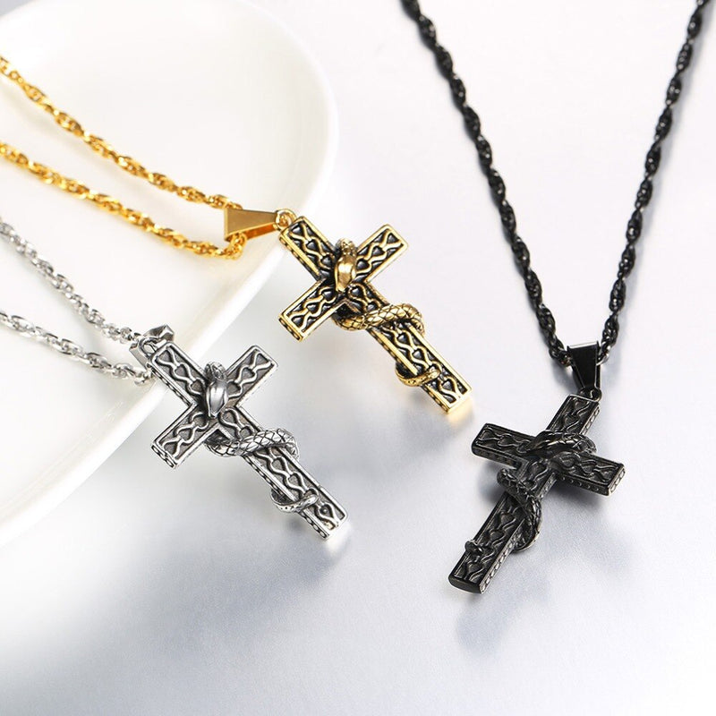 U7 Men 316L Stainless Steel Cross With Snake Pendant Necklaces Punk Gold-Color Animal Men's Chain Necklace Jewelry Gifts P1222