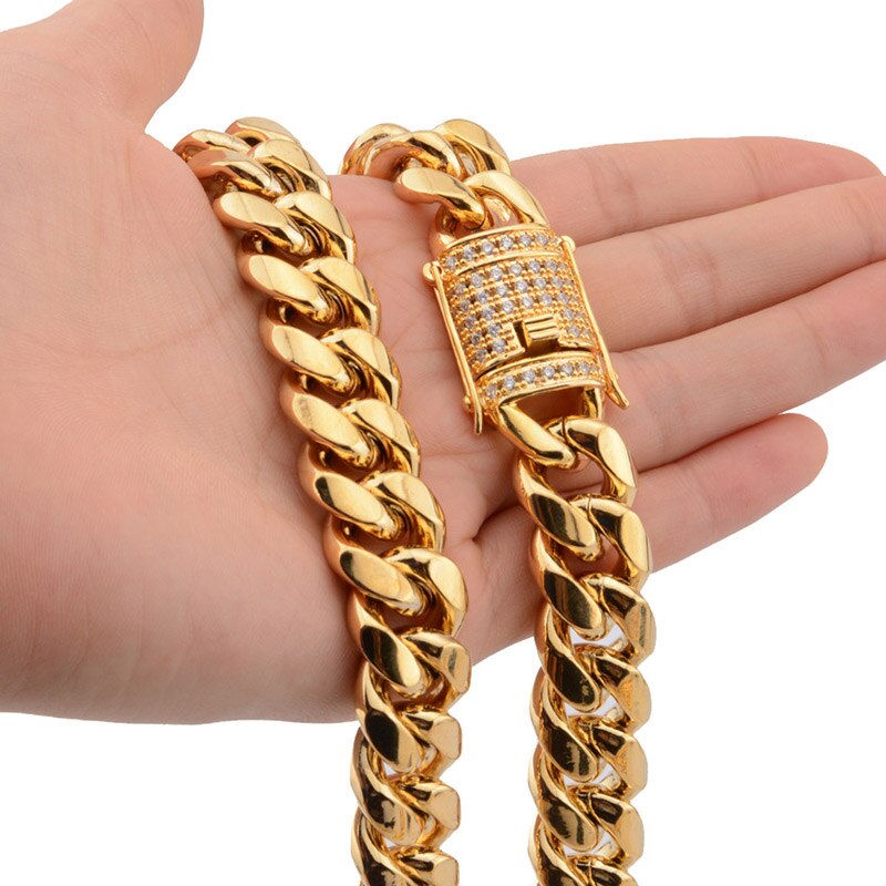 6-18mm wide Stainless Steel Cuban Miami Chains Necklaces CZ Zircon Box Lock Big Heavy Link Chain for Men Hip Hop Rock jewelry