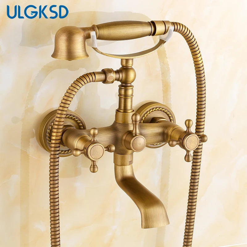 ULGKSD Antique Bronze Bathtub Shower Faucet W/ Brass Spray Wall Mount Hot and Cold Water Mixer Tap Para Bath Shower