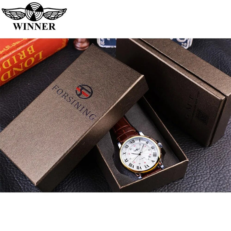 Winner 2019 Fashion White Golden Clock Date Display Brown Leather Belt Mechanical Automatic Watches for Men Top Brand Luxury
