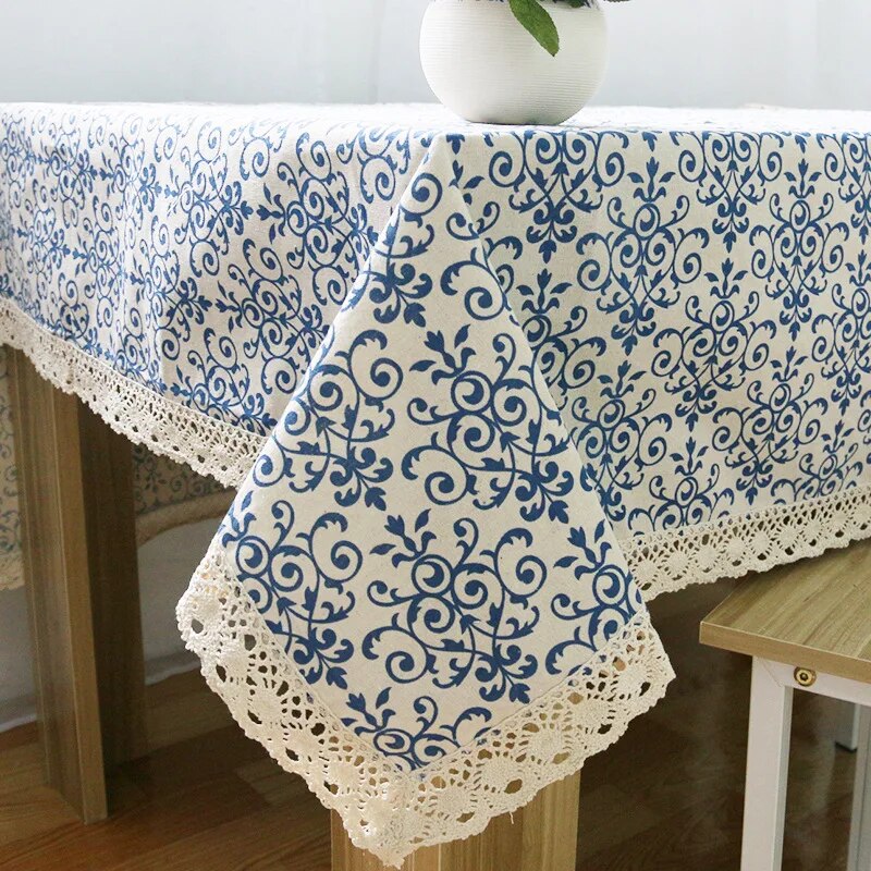 WINLIFE Arrivals Chinese Classical Blue and White Porcelain Lace Tablecloth Linen and Cotton Dust-proof Table Cloth