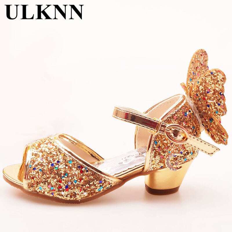 ULKNN Girls Sandals Rhinestone Butterfly pink Latin dance shoes 5-13 years old 6 children 7 summer high Heel Princess shoes kids