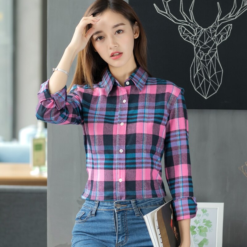 2022 Spring New Fashion Casual Lapel Plus Size Blouses Women Plaid Shirt Checks Flannel Shirts Female Long Sleeve Tops Blouse