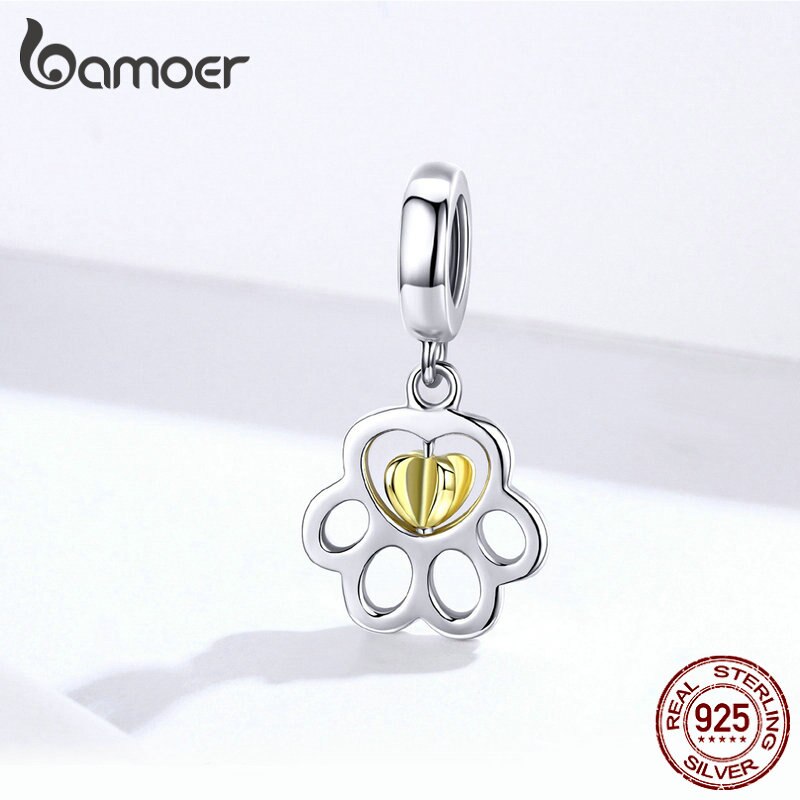 bamoer Gold Color Dog Paw Pendant Charm for Women Charms Bracelet &amp; Bangle Heart 925 Sterling Silver DIY Jewelry Making SCC1251