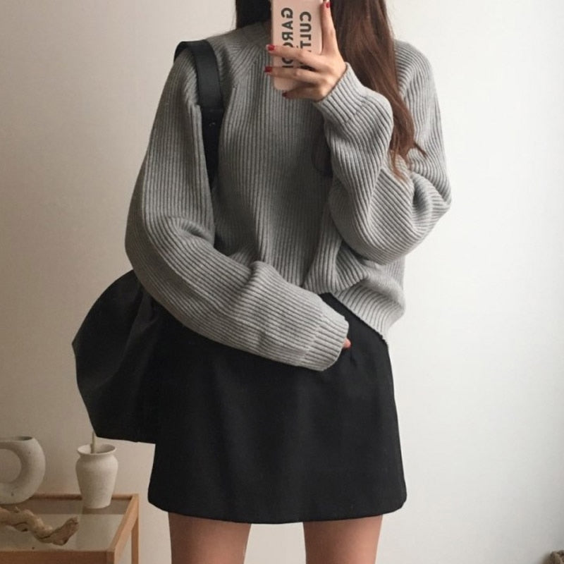 Korean Fashion Ladies Full Sleeve Women Knitting Sweater Solid O-Neck Pullover And Jumper Loose Sweater Hot Sale S80209Q