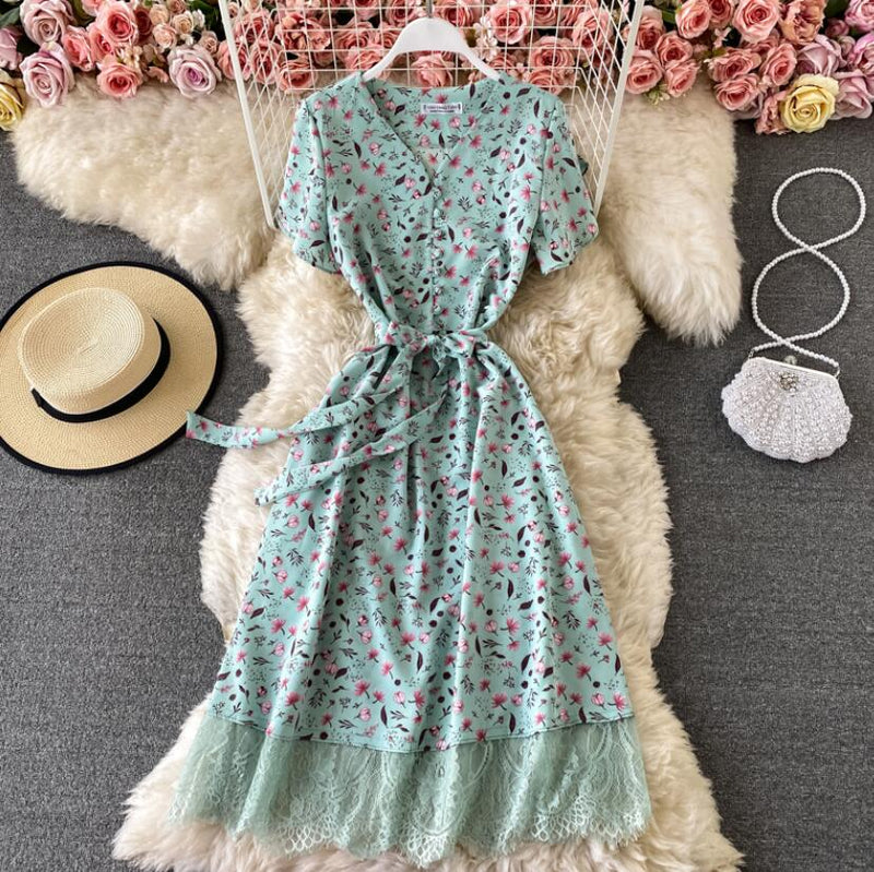 2021 Elegant V Neck Floral Print Chiffon Dress Summer Short sleeve Bandage Slim Lace Stitching Women Mid-calf Dress