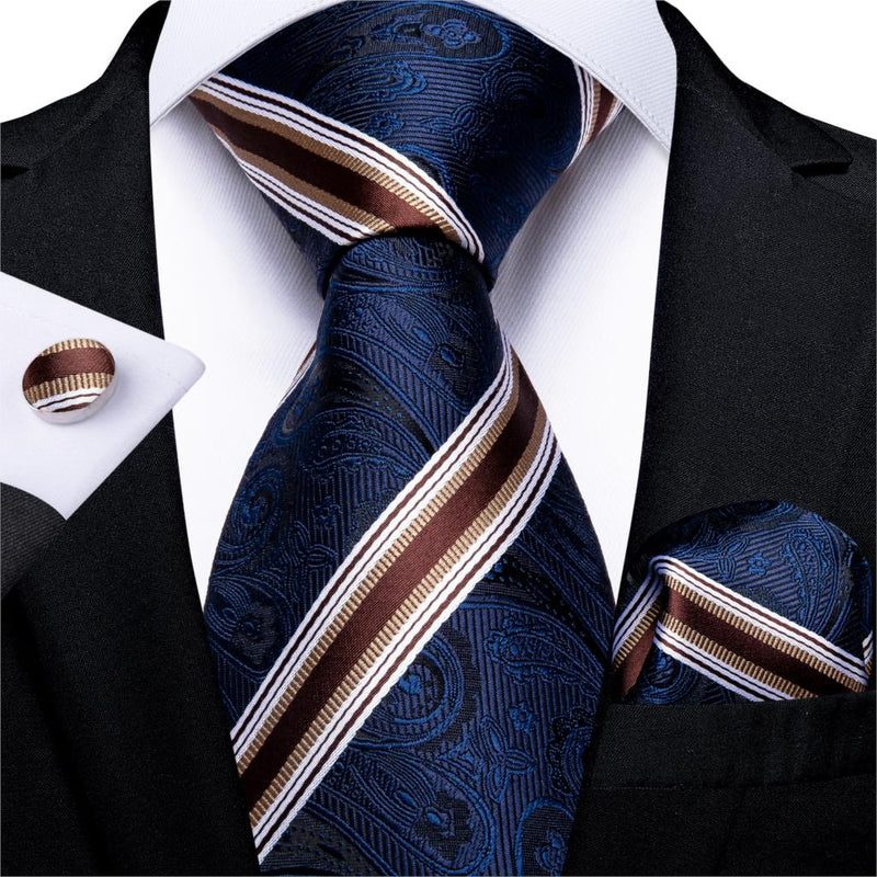 Gift Men Tie Teal Blue White Striped Silk wedding Tie For Men DiBanGu Designer Hanky Cufflink Quality Men Tie Set Business 7339