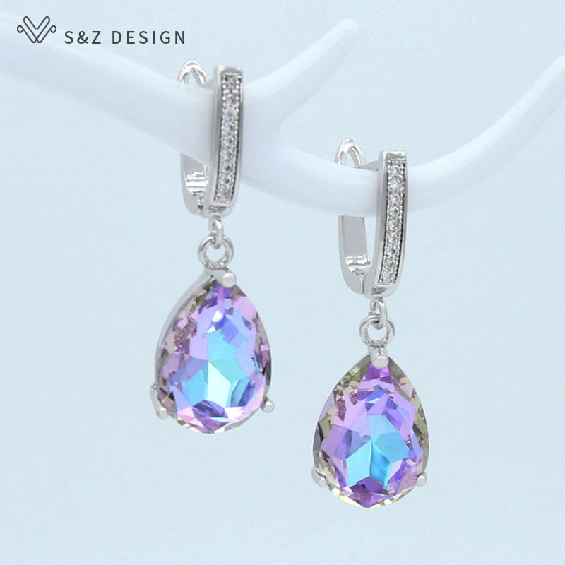 S&amp;Z DESIGN Korean Fashion Luxury Water Drop Crystal 585 Rose Gold Dangle Earrings For Women Wedding Engagement Elegant Jewelry