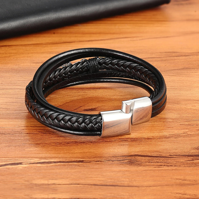 XQNI Multi-layer Leather Combination Small Accessories Simple Style Men's Stainless Steel Leather Bracelet Classic Gift Big Sale
