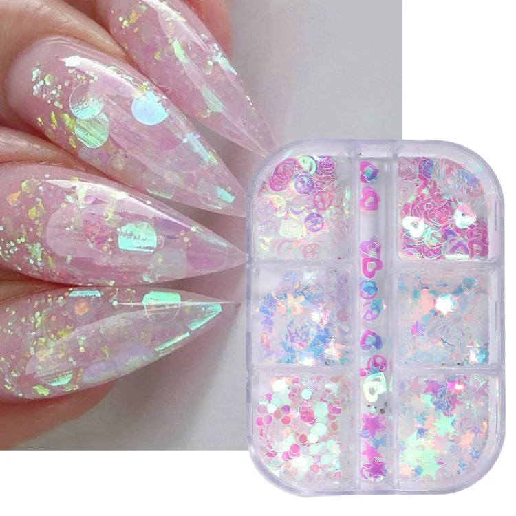 6 Grid Snow Crystal Nail Glitter Powder Sparkly Ice Chrome Flakes Reflective Thin Sequins Autumn Winter Nail Art Decoration LAXR