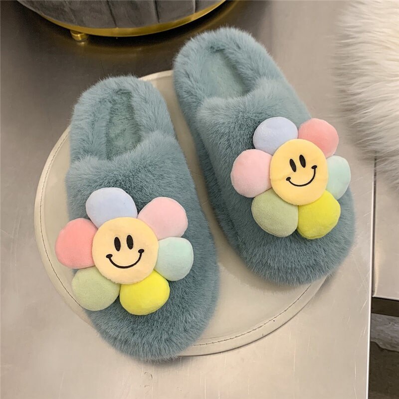 Sun flower Slippers Women Slippers Furry Fluffy Flat Shoes Winter Home Slippers Fashion Comfortable Slip Lazy Thick Fur Slides