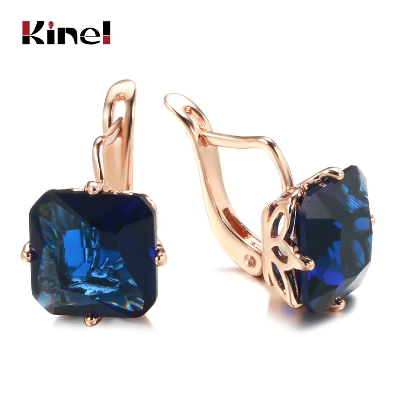 Kinel Luxury 585 Rose Gold Bride Women Earring Wedding Jewelry Fashion Big Square Blue/White/Green Natural Zircon Drop Earring