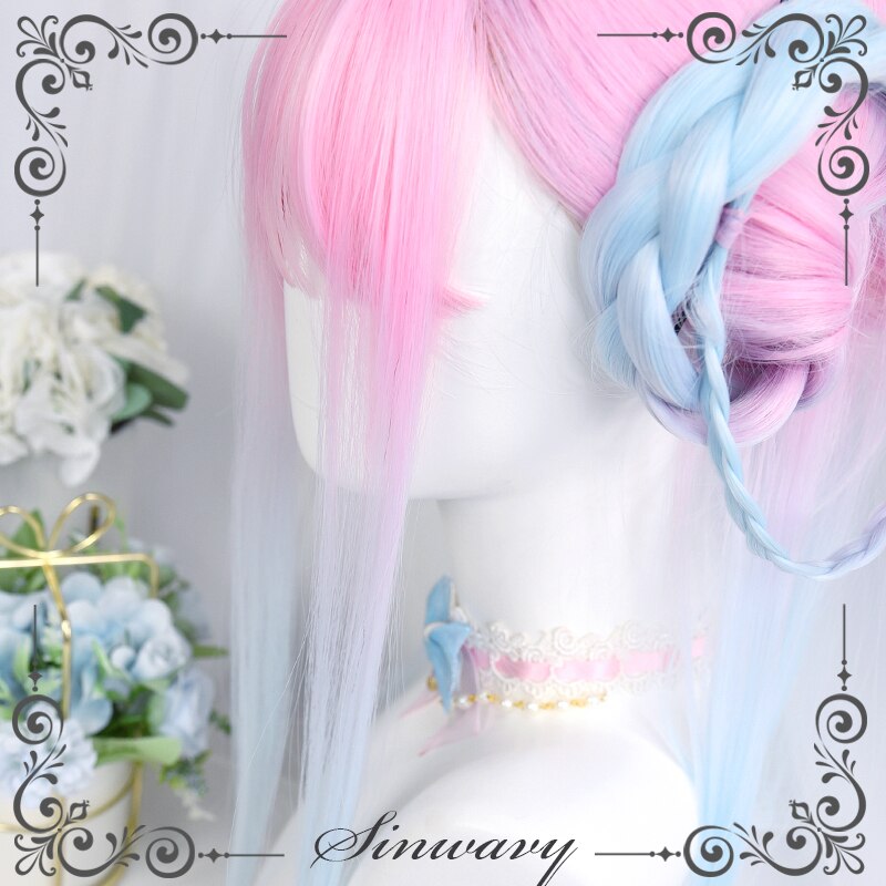 Gradient Pink Blue Lolita Wig Creamy Neon Women Harajuku Long Straight Hair Cute Bangs Adult Chic Girls Cosplay Daily Wear