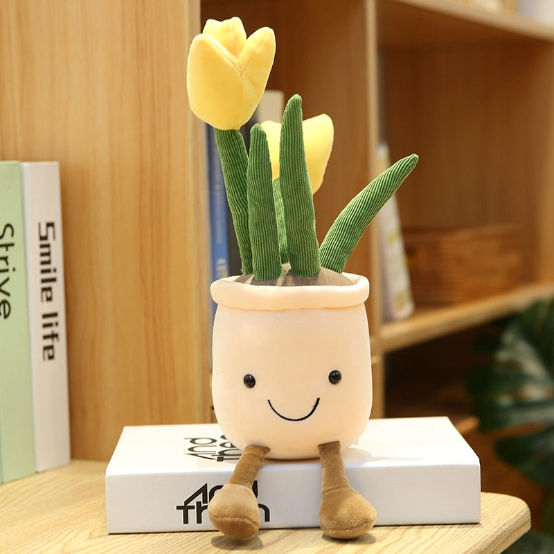 Lifelike Tulip&amp;Succulent Plants Plush Stuffed Decor Toys Soft Bookshelf Decor Doll Creative Potted Flowers Pillow for Girls Gift
