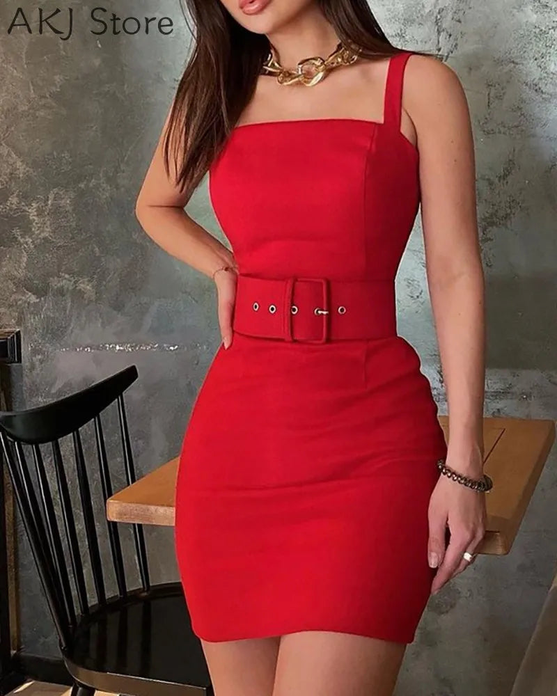 Thick Strap Plain Bodycon Dress With Belt