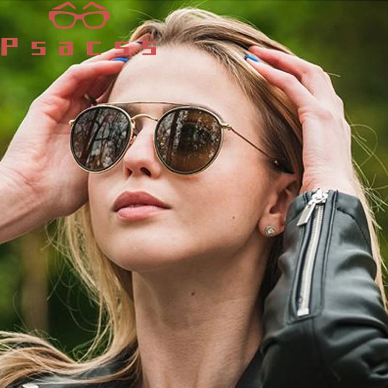 Psacss Sunglasses Women/Men 2019 Vintage Round Sun Glasses Double Beam Brand Designer Mirrored lentes de sol hombre/mujer UV400